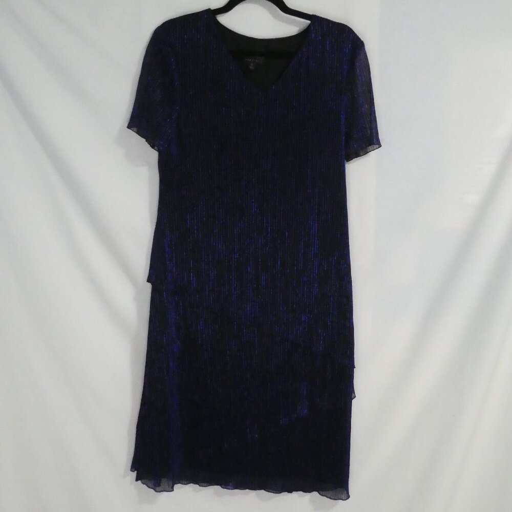 CONNECTED APPAREL | size 12 | Shiny Purple and Black Striped V-Neck Dress